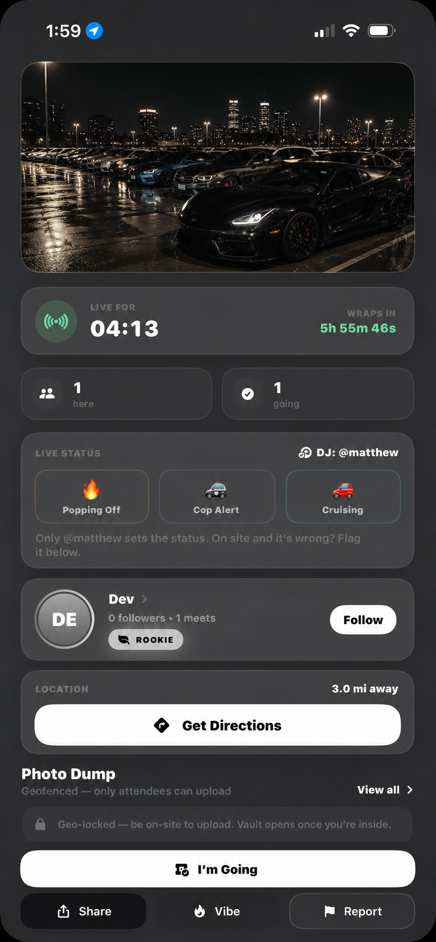 Qone event details with a nighttime car meet
